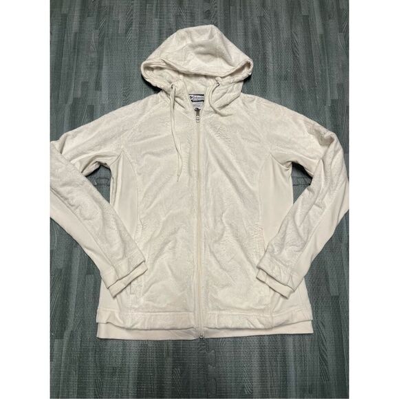 Columbia Sherpa Fleece Hoodie Sweater Women’s Sz L Beige Full Zip Jacket - Picture 1 of 5